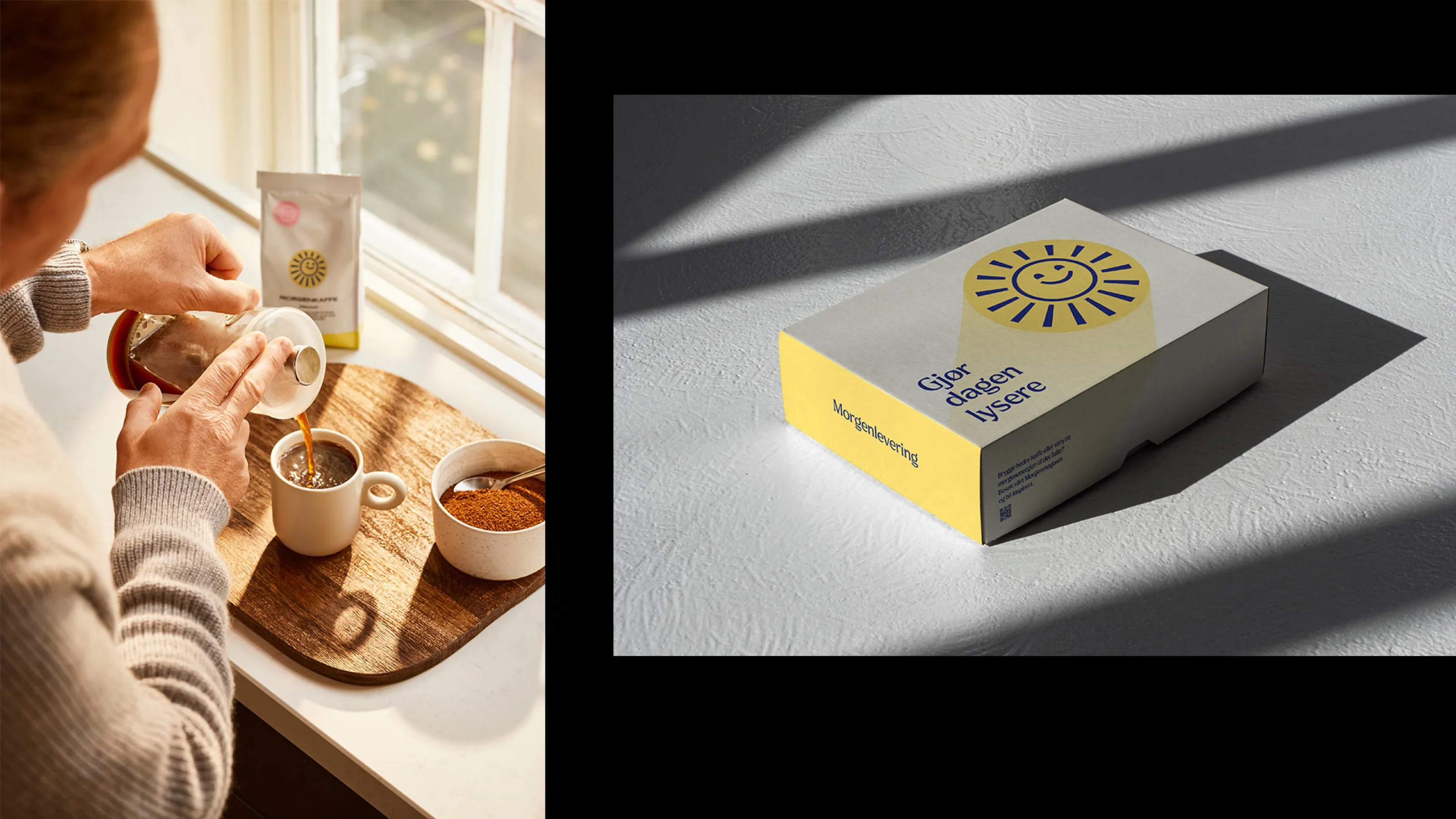 Coffee being poured by a sunny window, and a yellow Morgenlevering box with the sun and “Gjør dagen lysere”