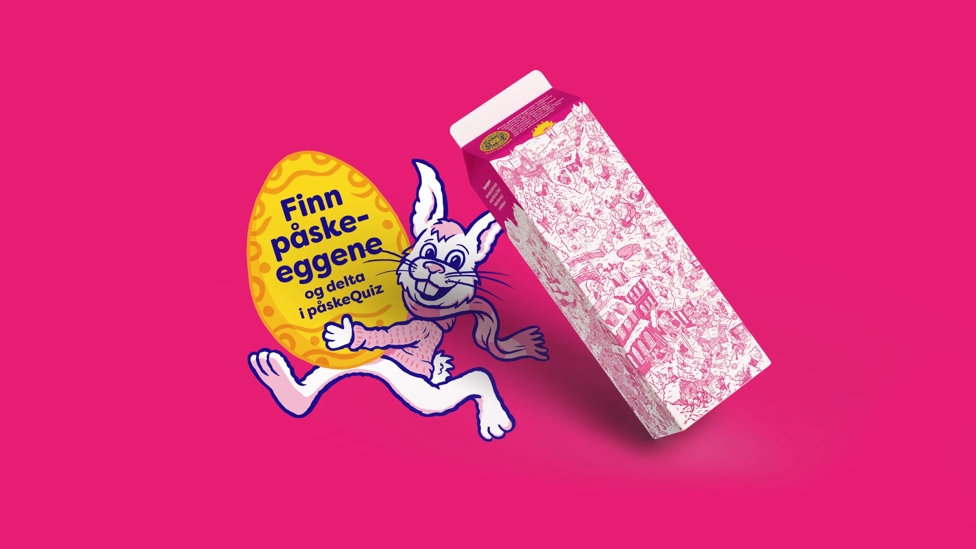 Easter milk carton with a detailed illustration, next to a running hare holding an egg that invites to the quiz