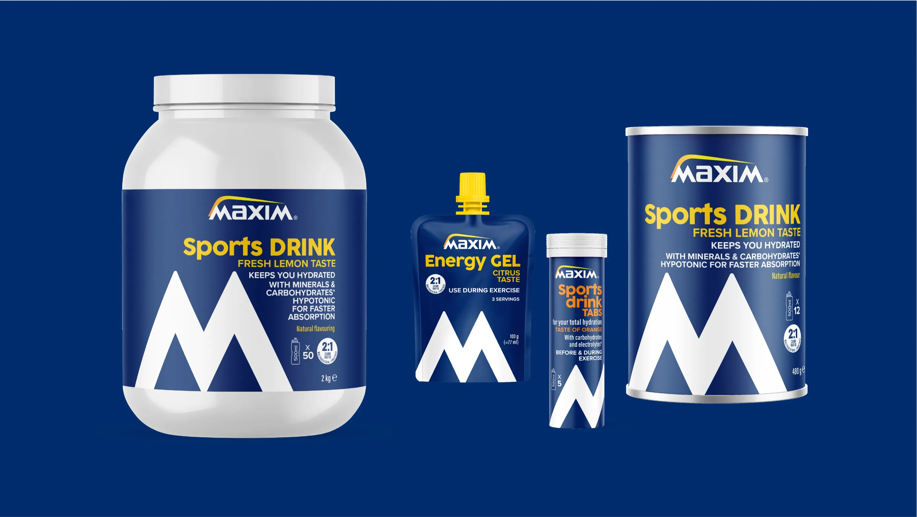 Maxim Sports Drink tub and can, Energy Gel and drink tabs in the new blue packaging