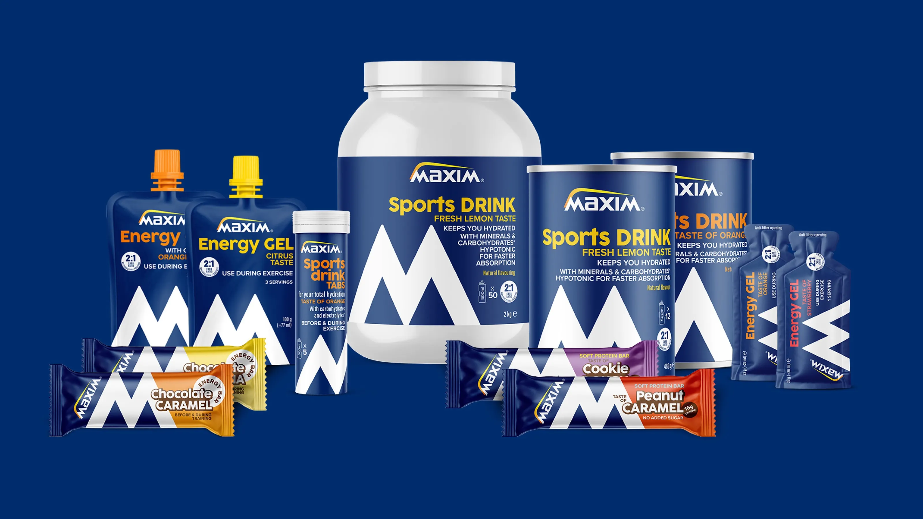 The redesigned Maxim range: sports drinks, energy gels, tabs and bars with the white M on blue