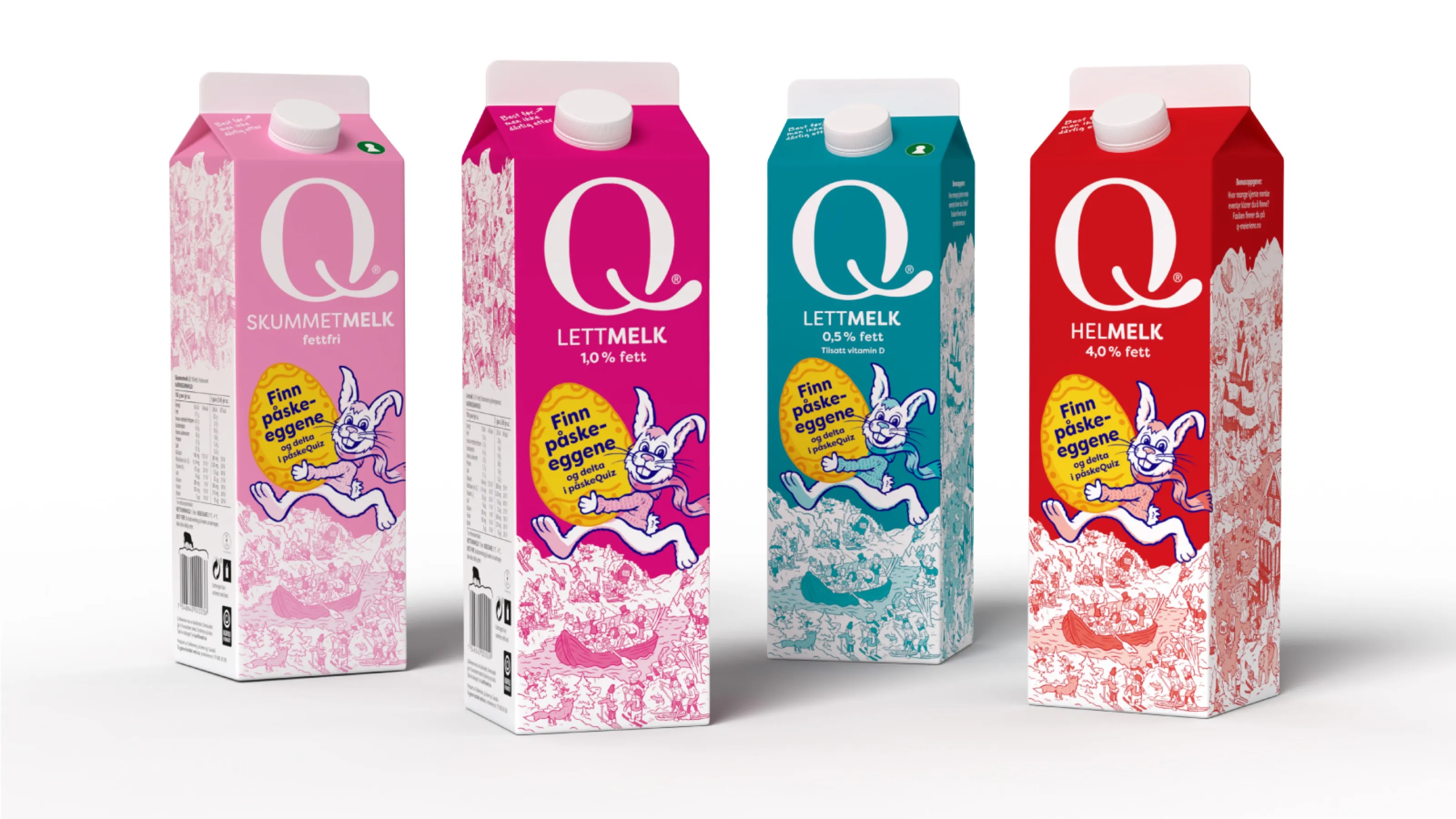 Four Q milk cartons in pink, magenta, teal and red, each with the Easter hare and quiz invitation
