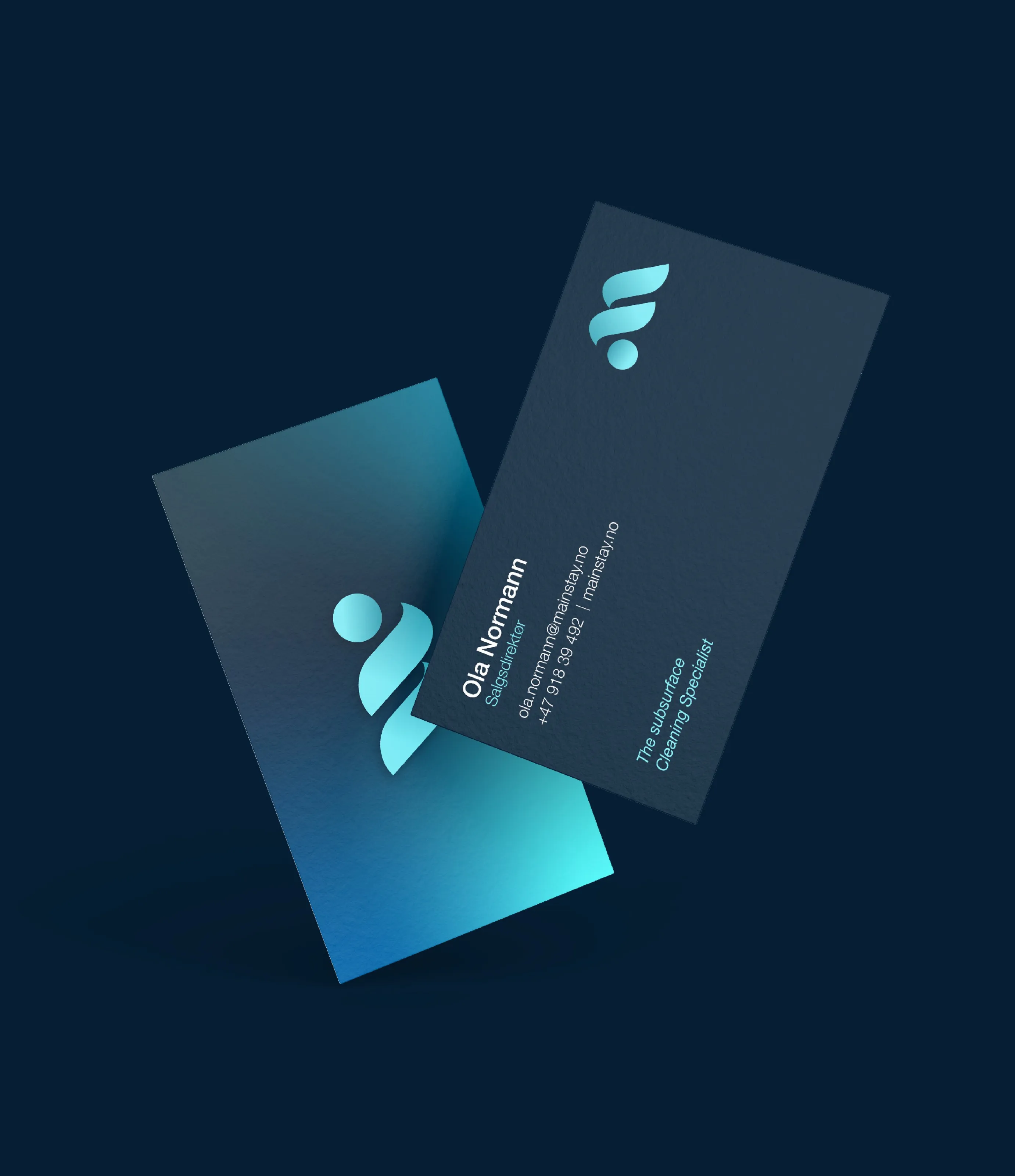 Mainstay business cards in dark blue and teal gradient with the M symbol