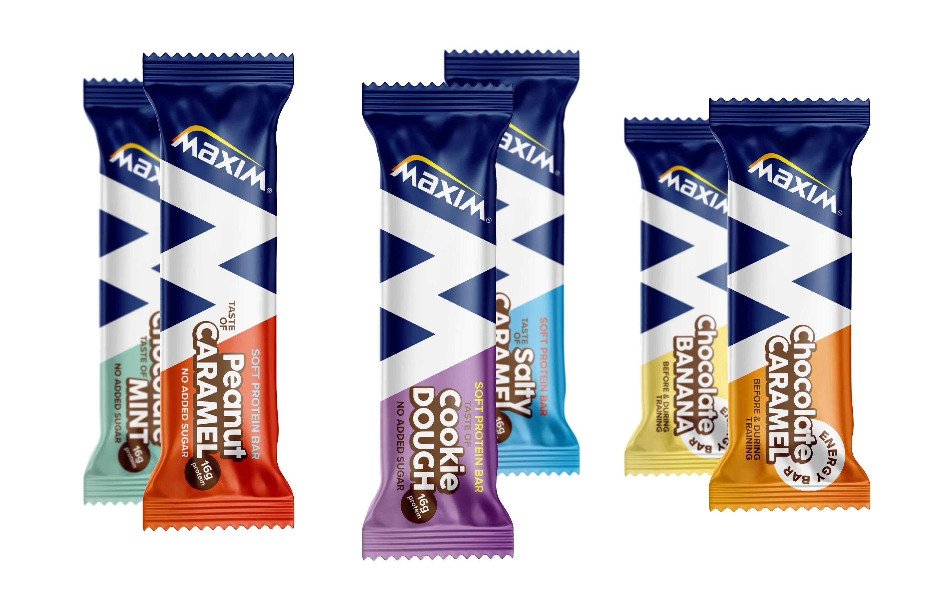 Six Maxim bars in flavour-coded colours: mint, peanut caramel, cookie dough, salty caramel, banana, caramel