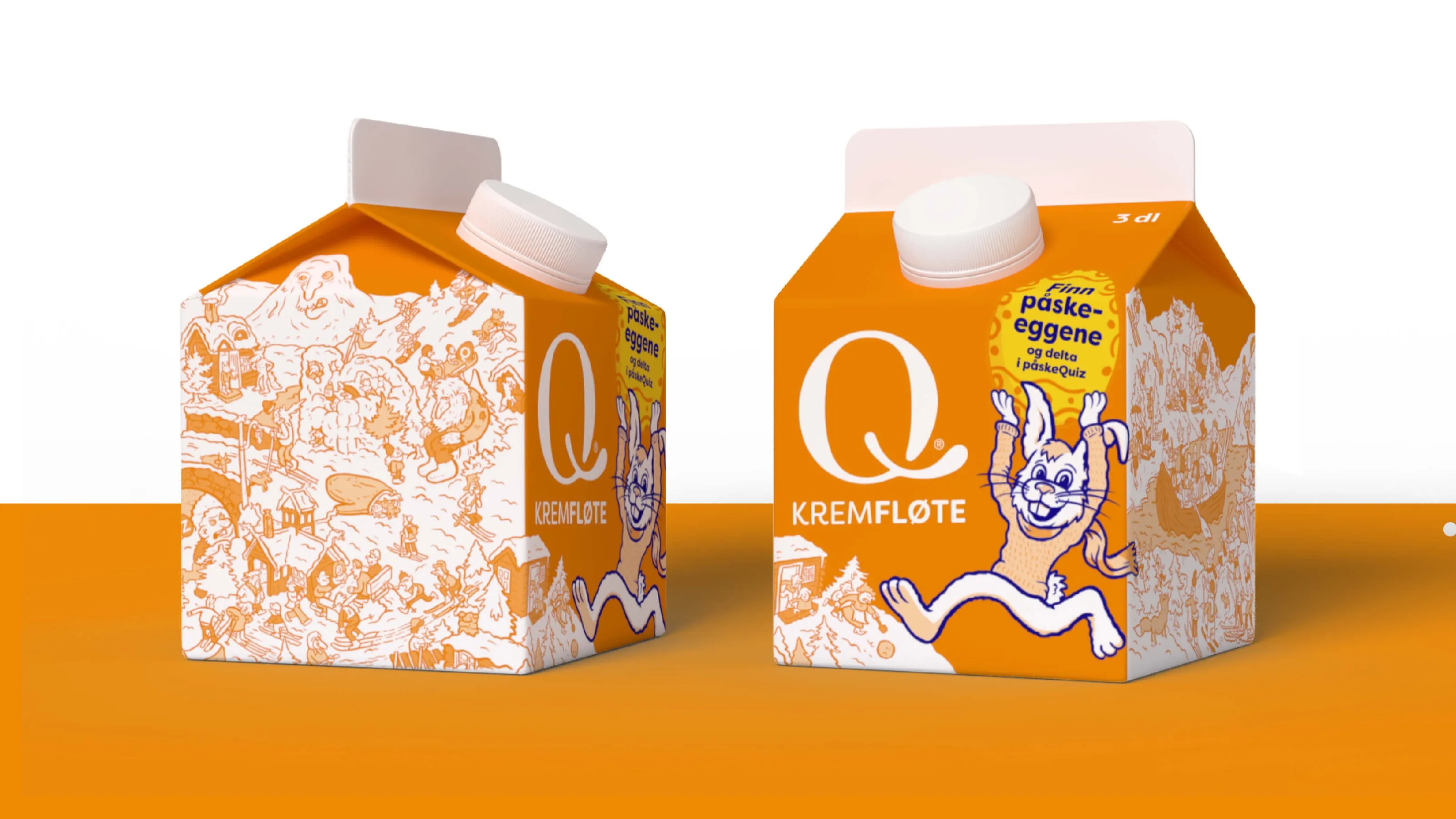 Two orange Q cream cartons with the detailed Easter illustration and a jumping hare