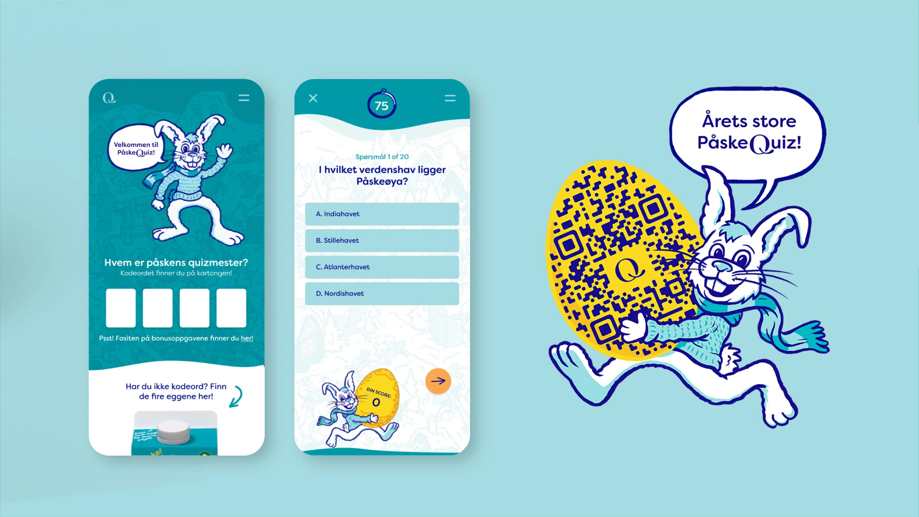 Quiz screens on two phones: code entry and a question, plus the hare holding a QR-code Easter egg