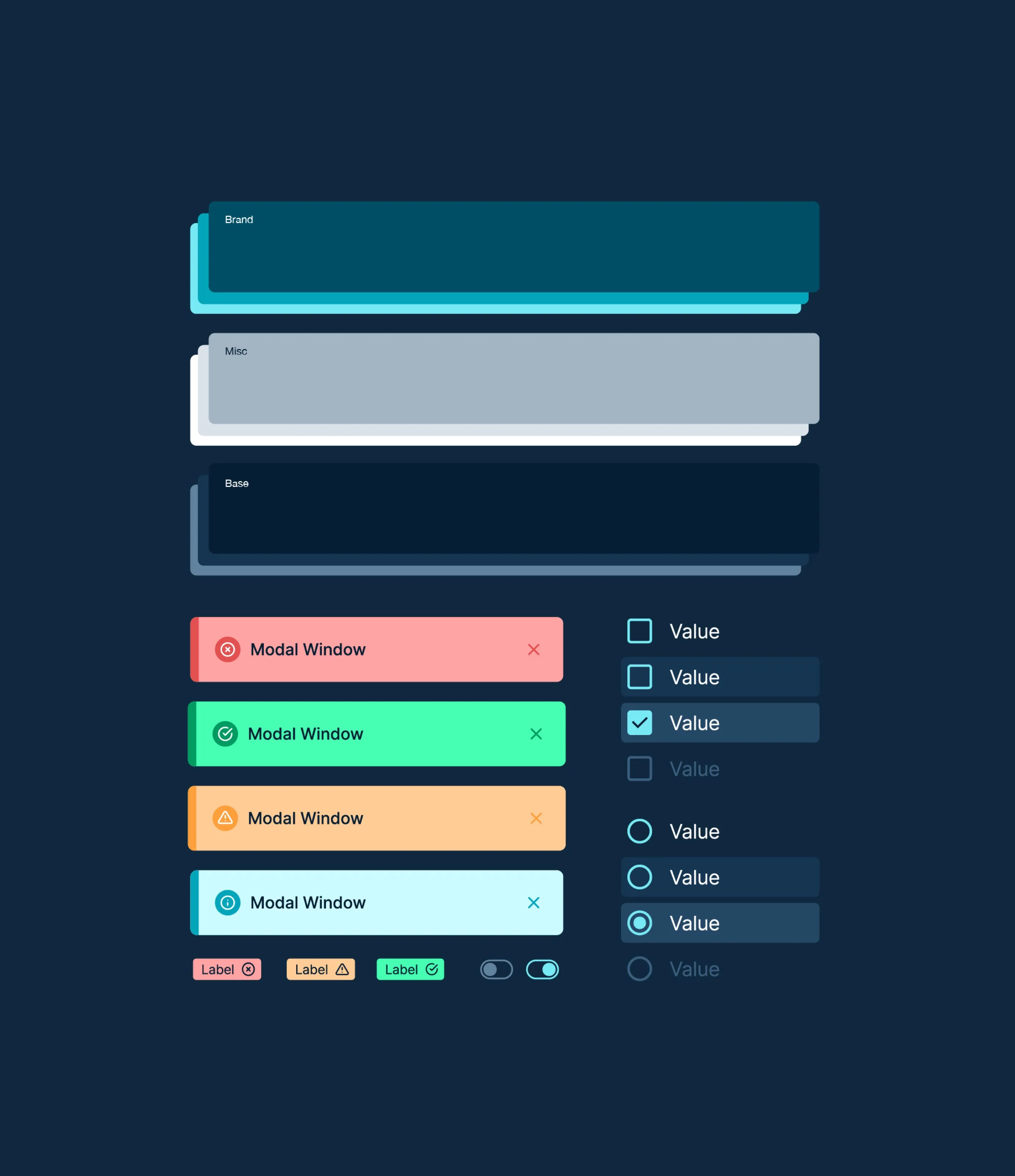 Mainstay dark-theme UI components: colour layers, alert messages, checkboxes, radio buttons and toggles