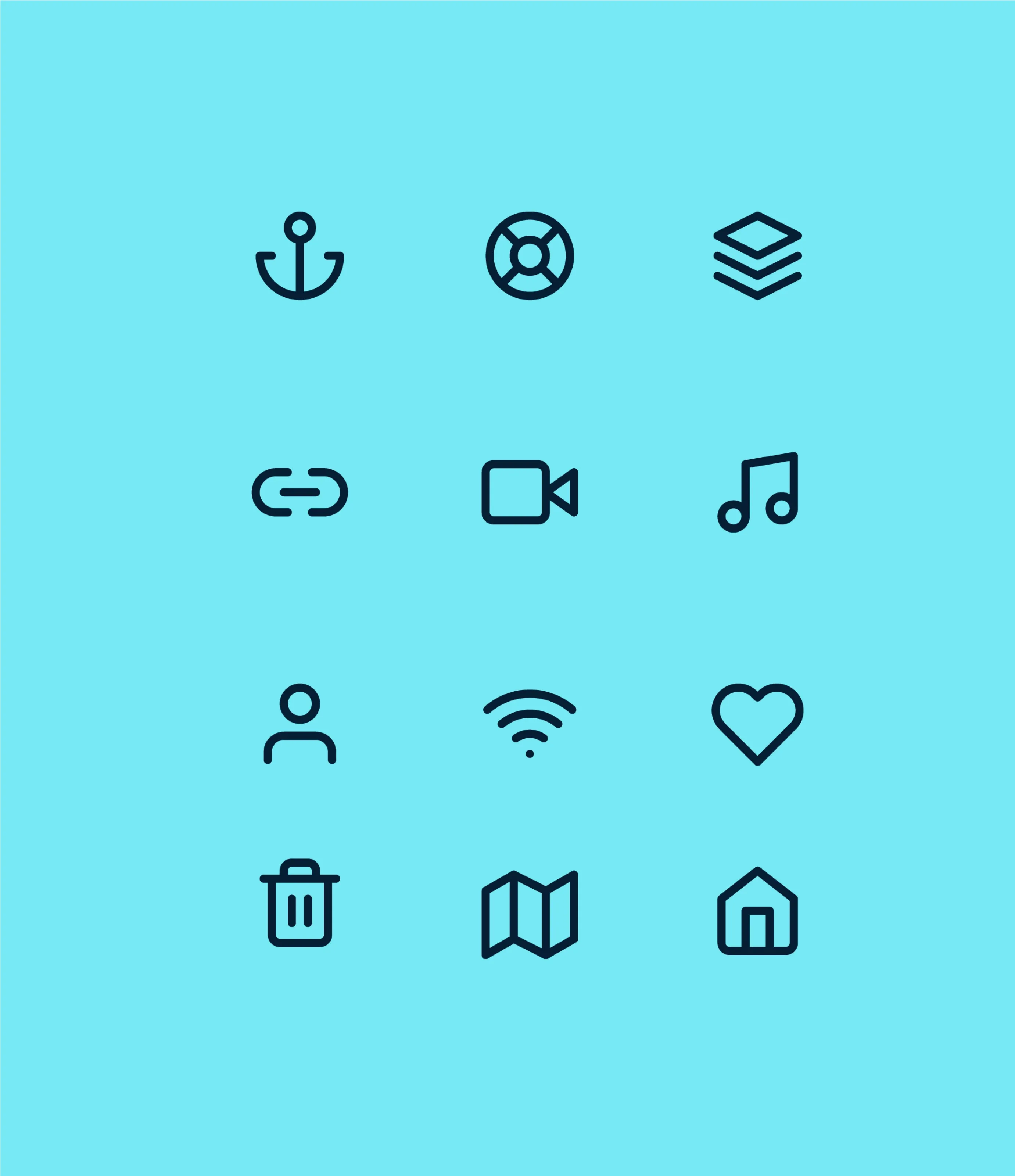 Mainstay line icon set in dark blue on light cyan, including anchor, lifebuoy, map and home