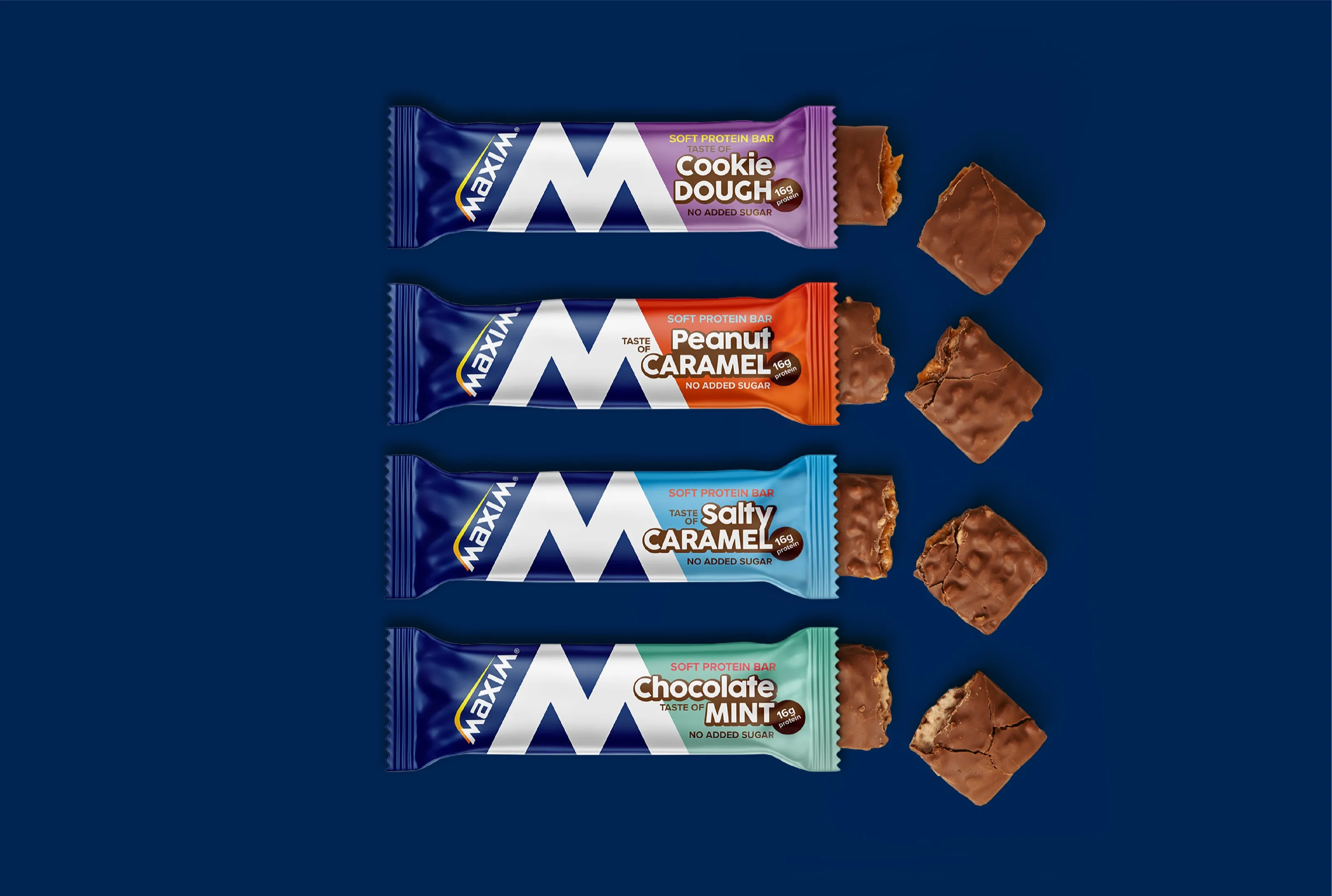 Four Maxim Soft Protein Bars on blue, each opened to show the chocolate-coated bar
