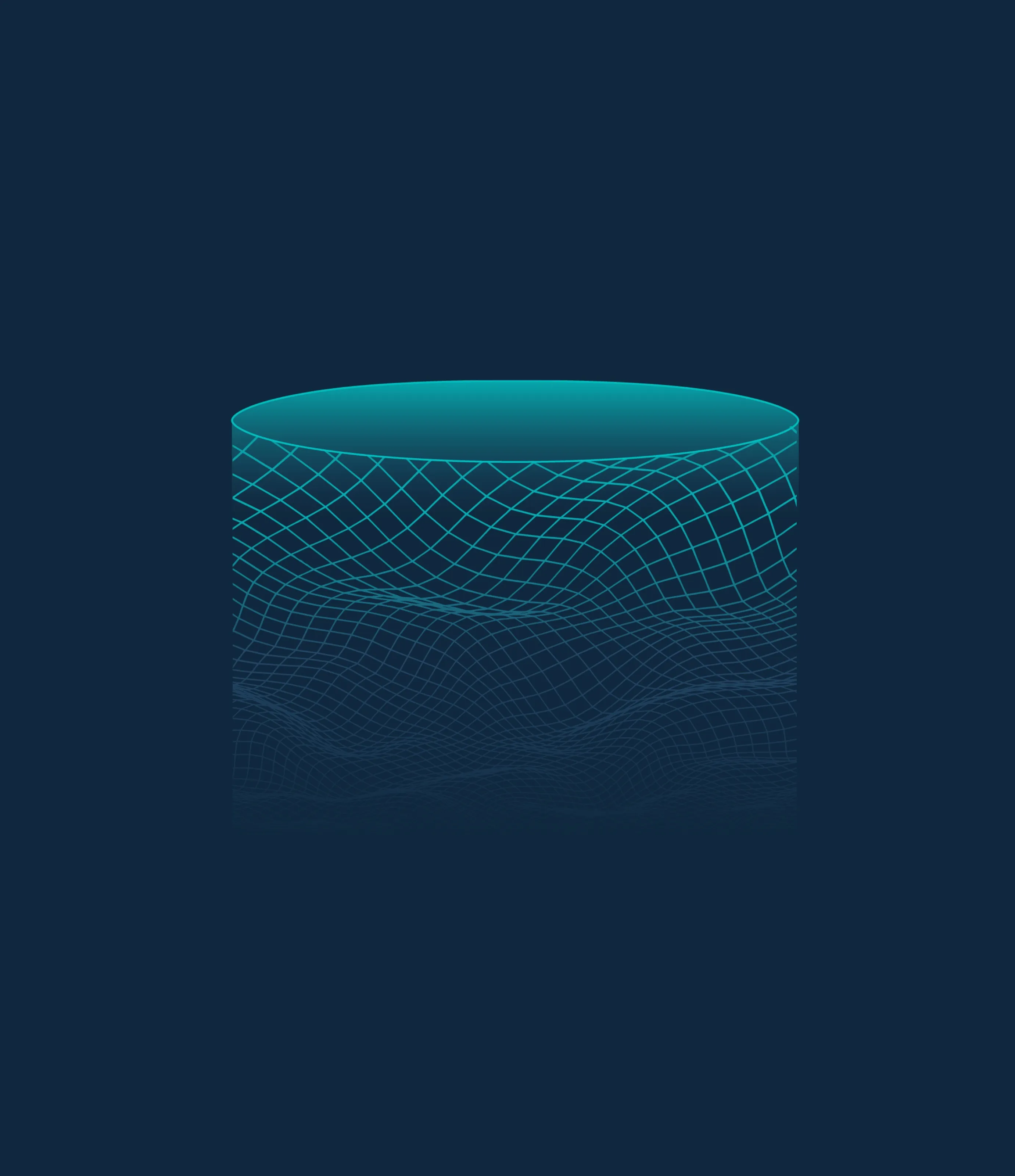 Wireframe illustration of a fish farm net pen in teal on dark blue