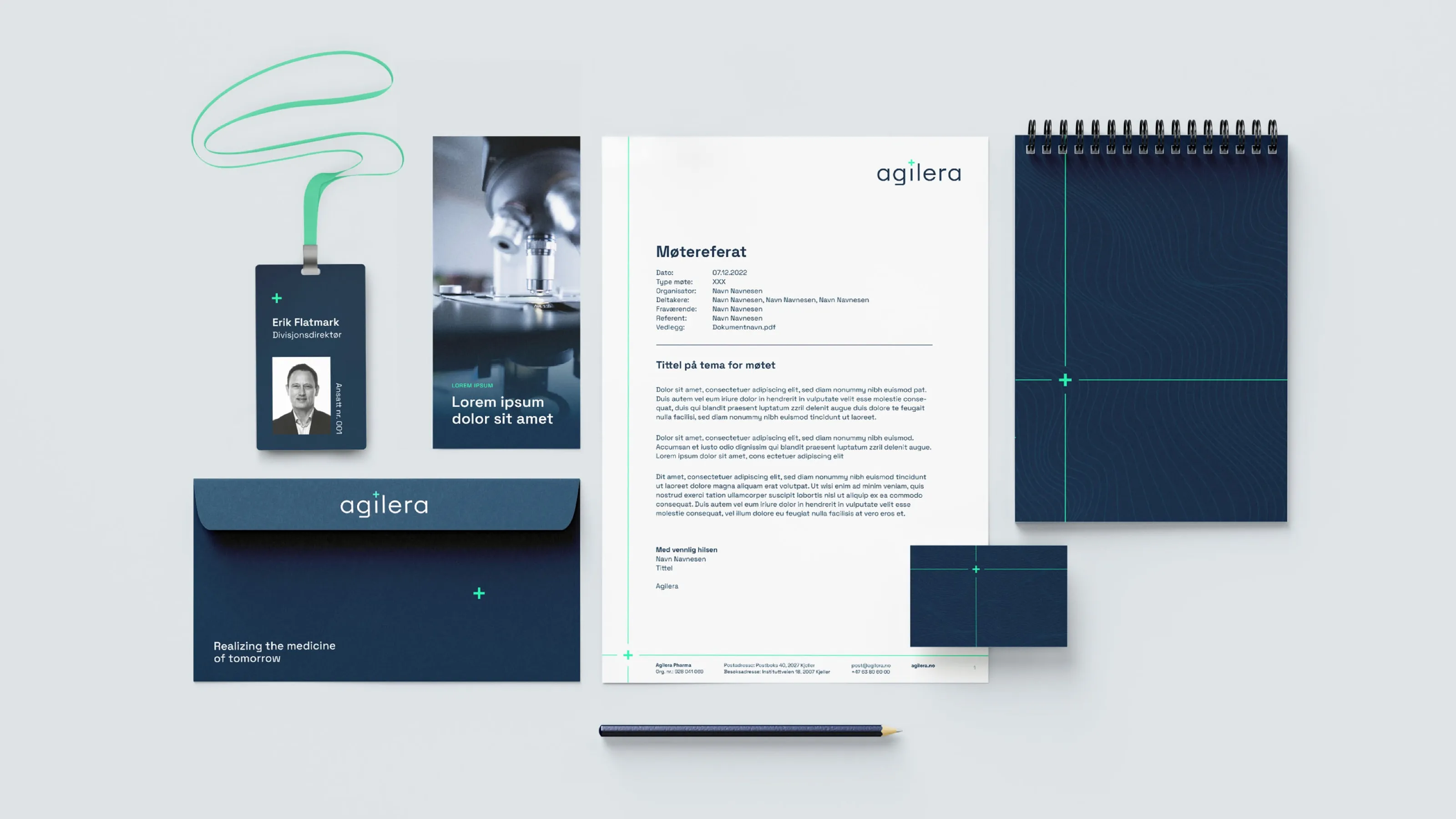 Agilera stationery set: ID badge, envelope, letterhead, notebook and flyer in deep blue and green