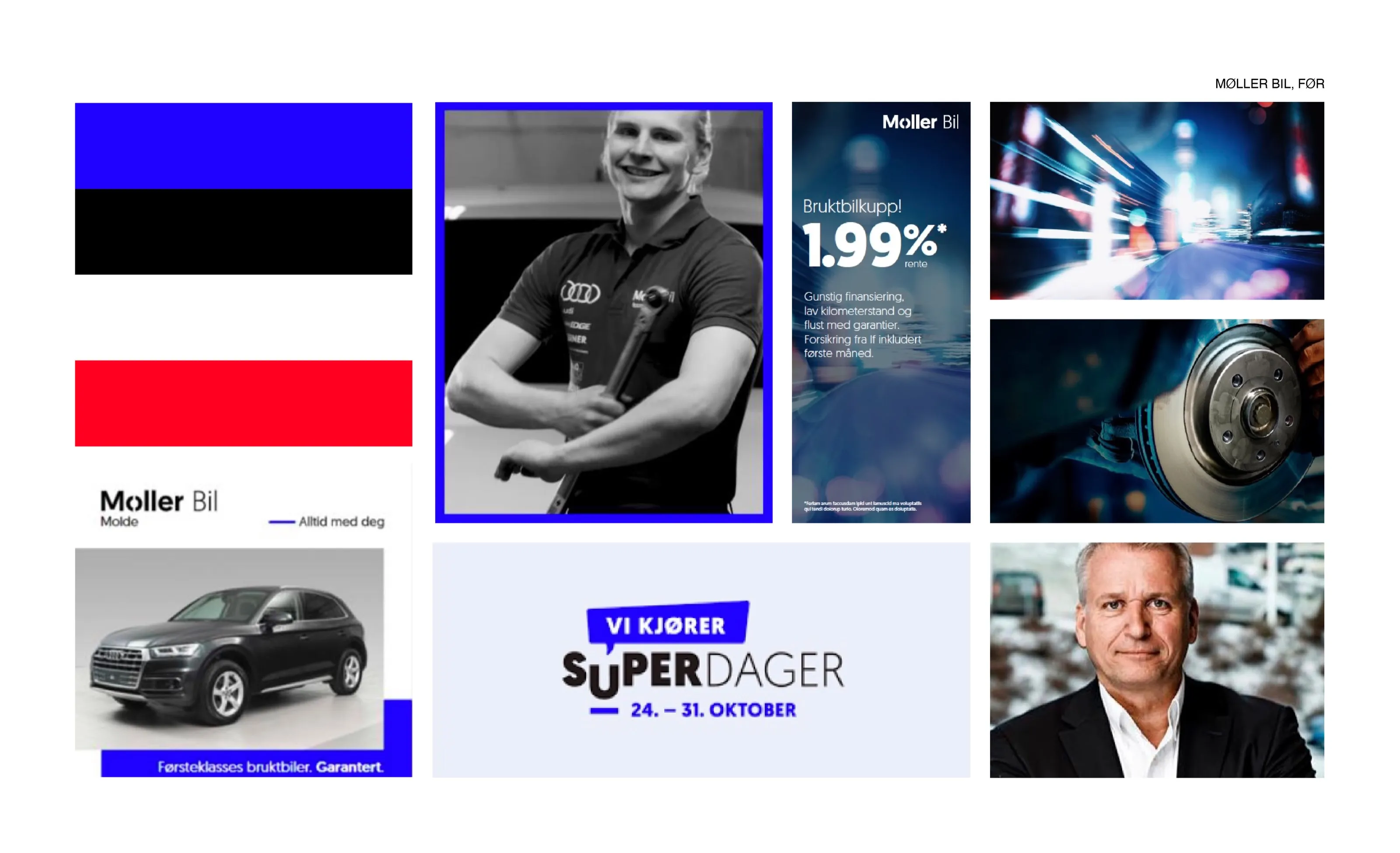 The old Møller Bil expression: ads, posters and colour stripes in blue, black and red