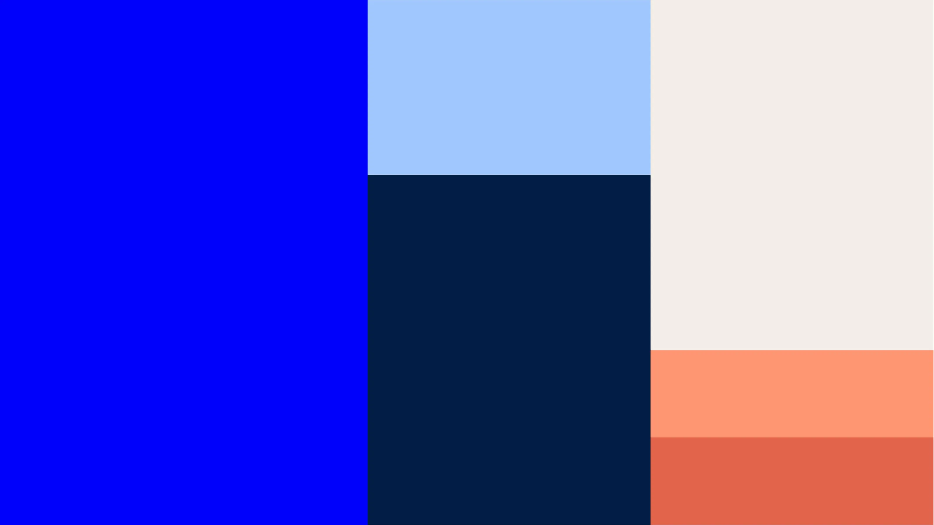 The colour palette: strong blue, light blue, dark navy, beige and coral