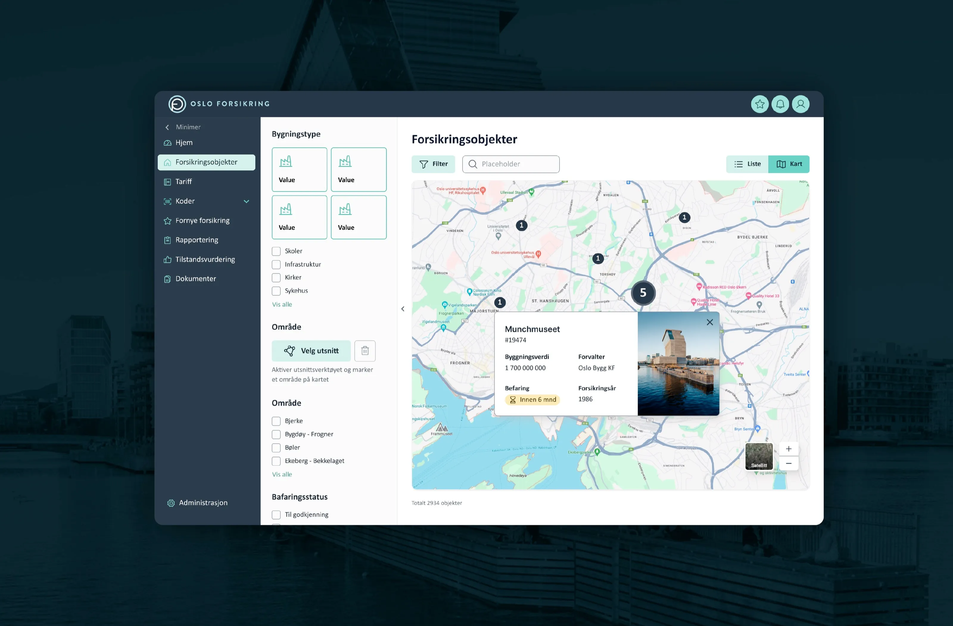 New Oslo Forsikring platform: map of insured objects with filters and a detail card for Munchmuseet