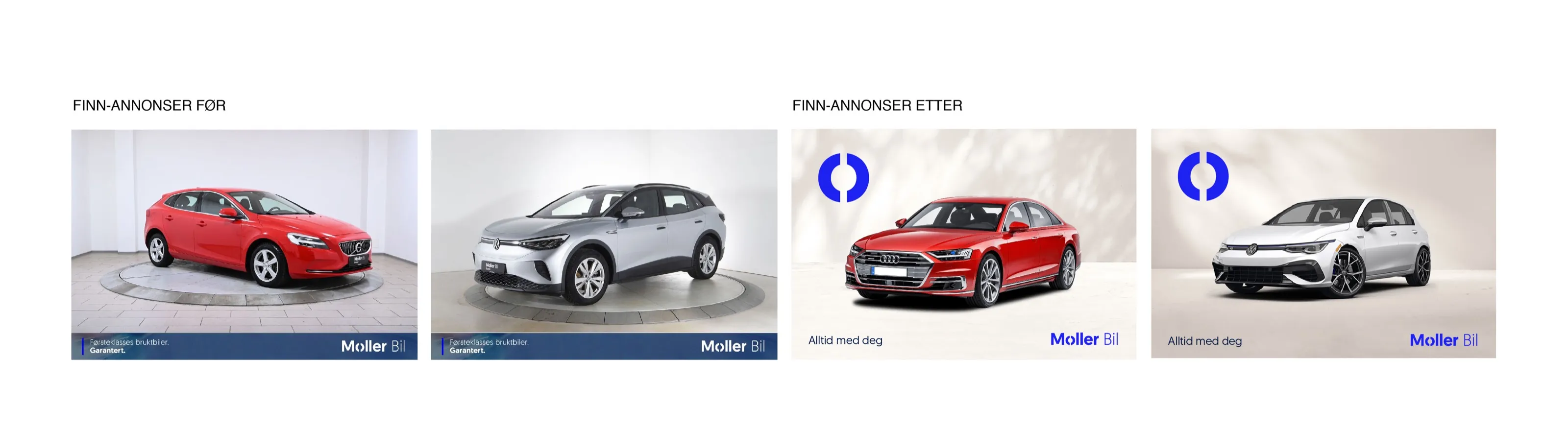 FINN ads before and after, with the Ø marker added to the car photos