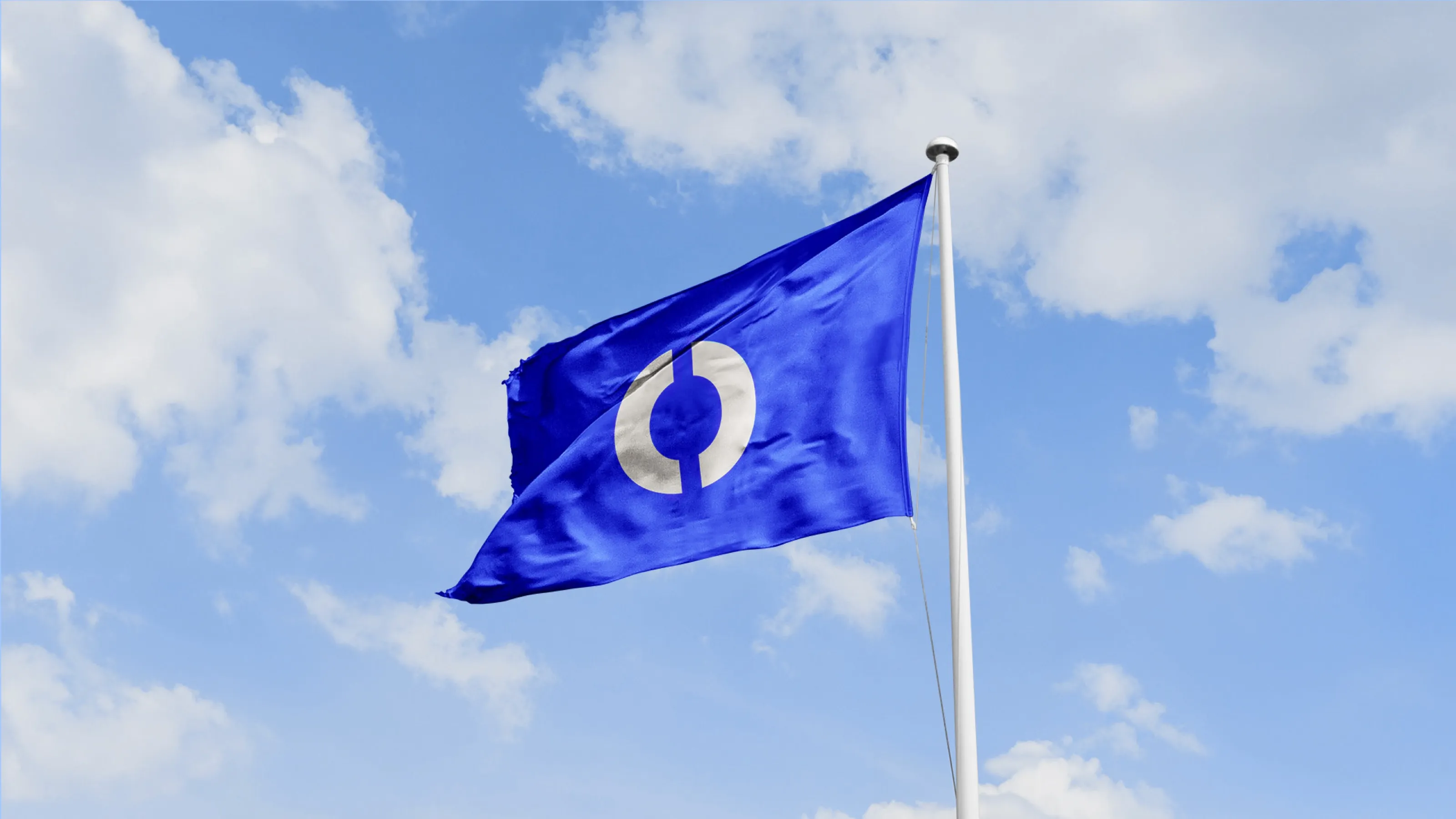 A blue flag with the white Ø symbol against a blue sky