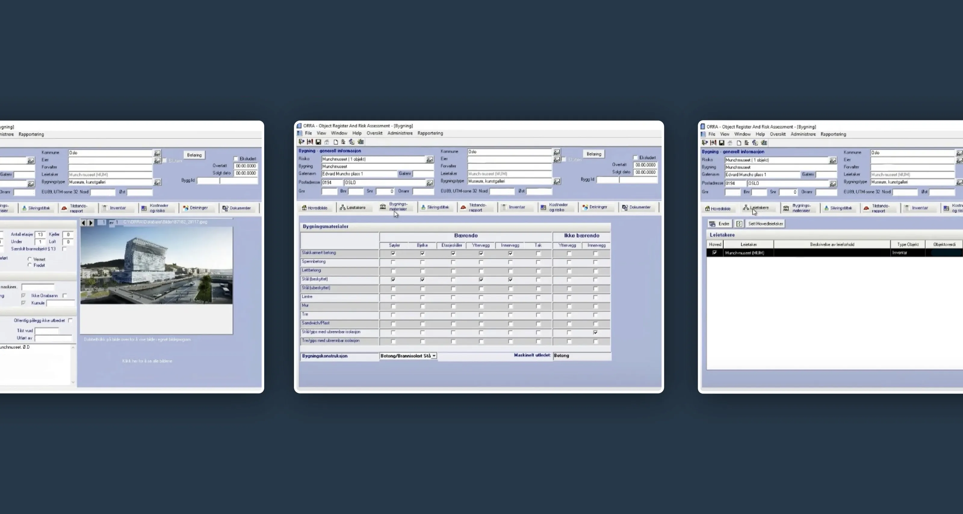 Screens from the old Windows application, with dense forms and cluttered tables