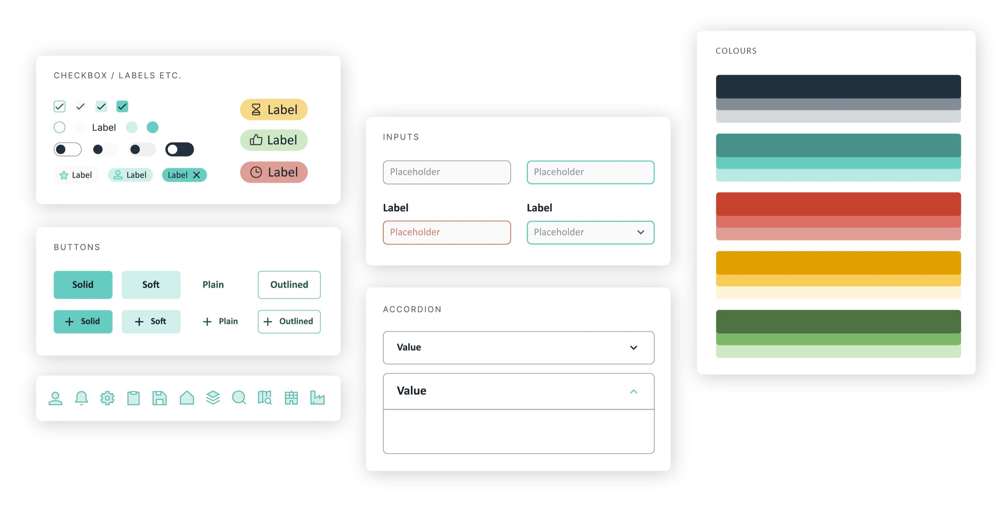 Tailored MUI component library: checkboxes, labels, buttons, inputs, accordion, icons and colours