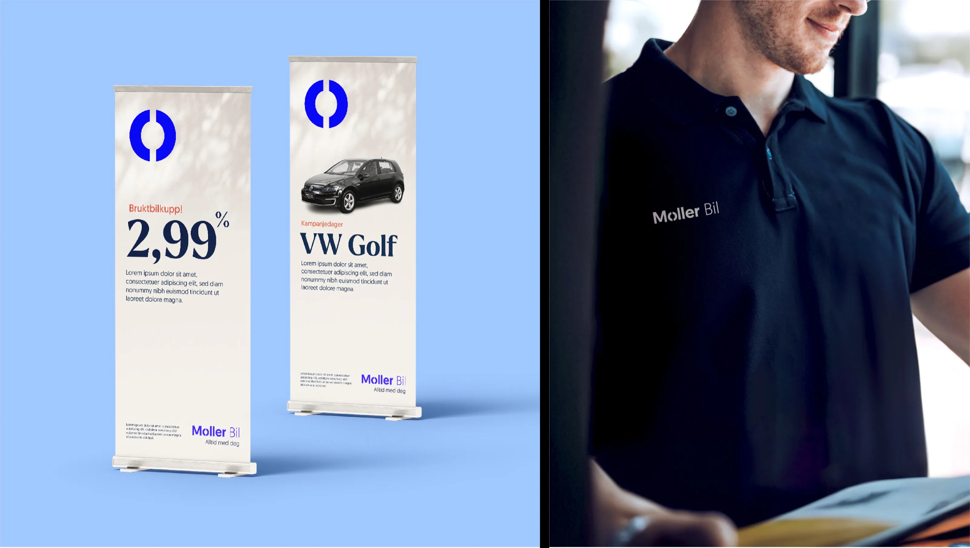 A roll-up with a car offer and an employee in a branded shirt