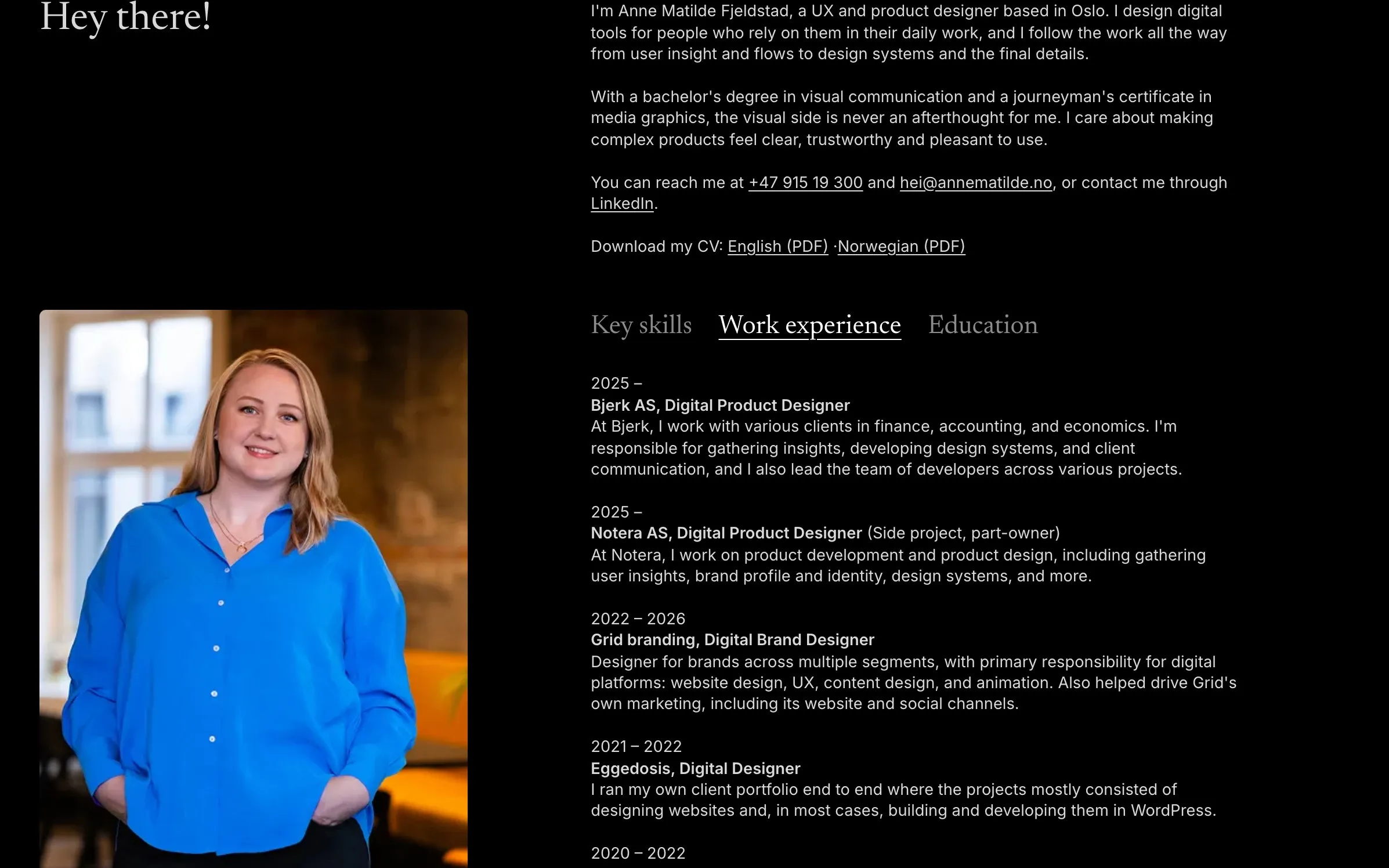 The About page on desktop, with a portrait and tabs for key skills, work experience and education