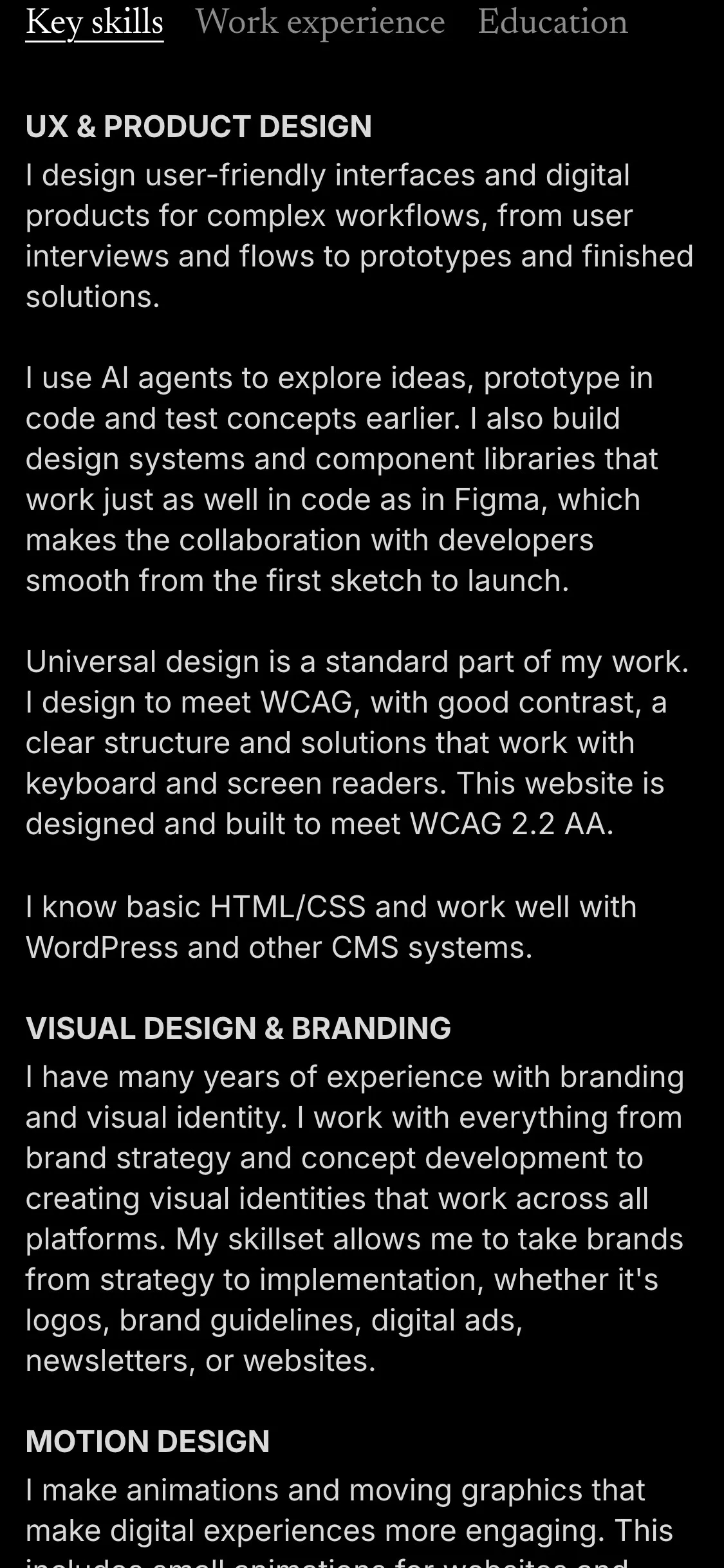 The About page on mobile, with tabs for key skills, work experience and education