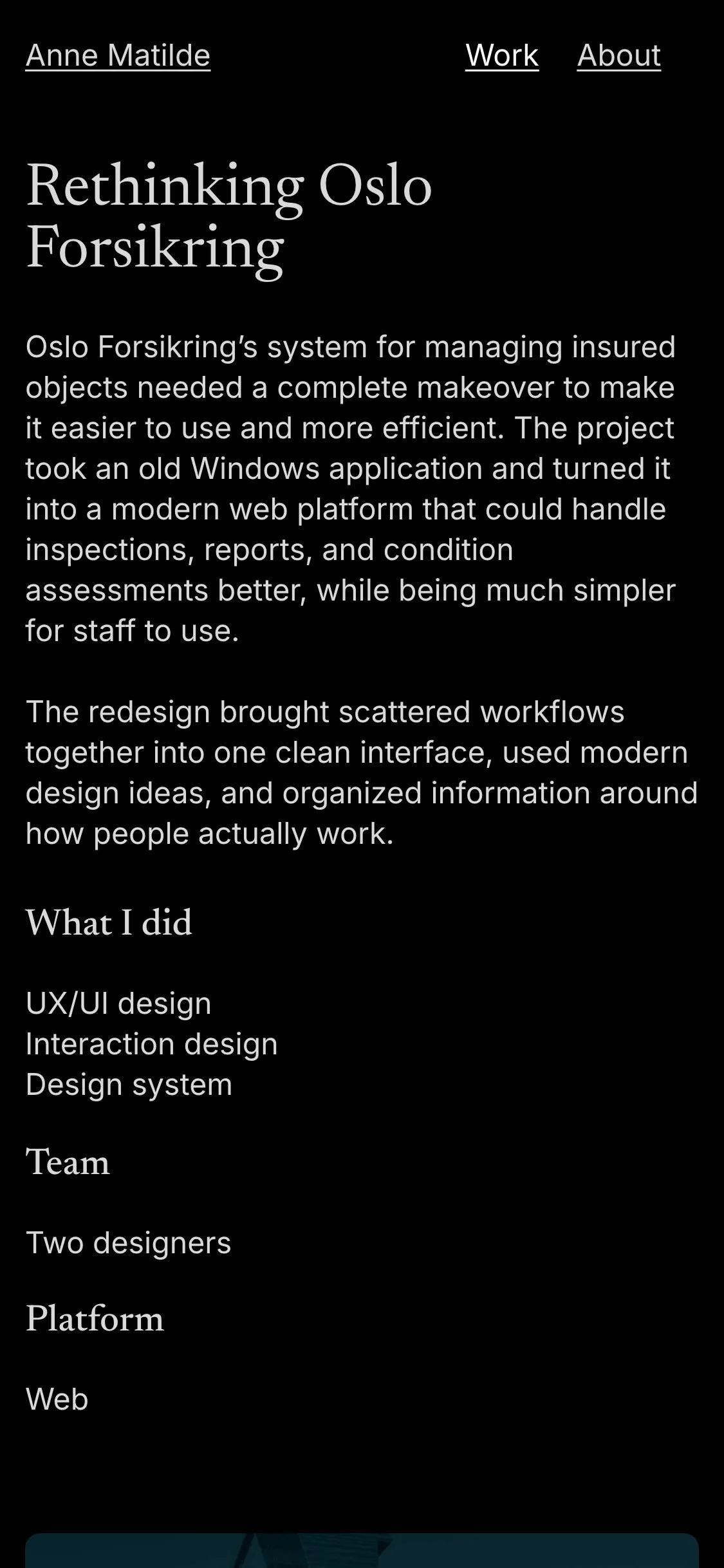 A case page on mobile, with the title, intro text and project facts in one column