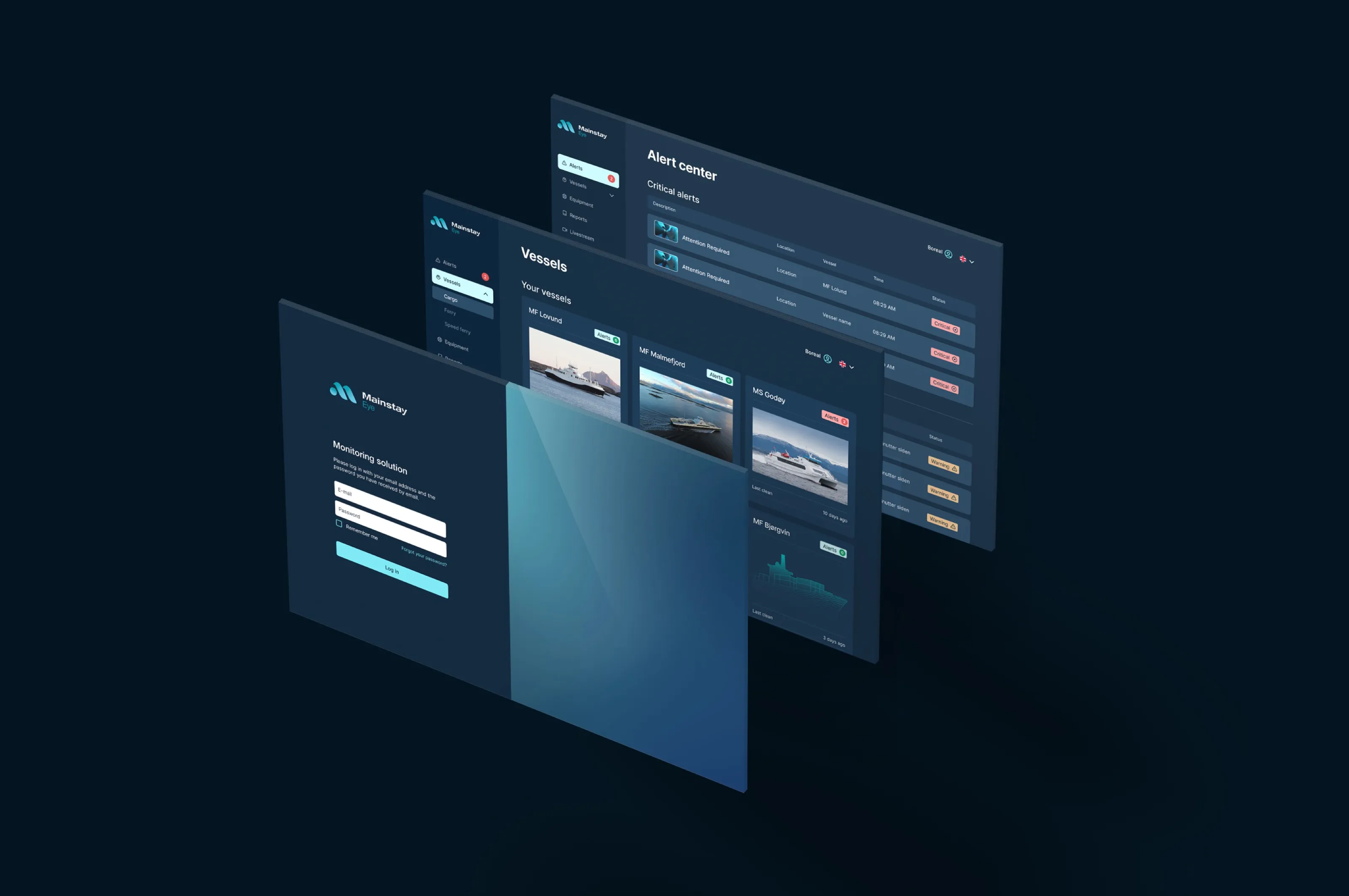 Layered Mainstay admin screens in perspective: login, vessel overview and alert center