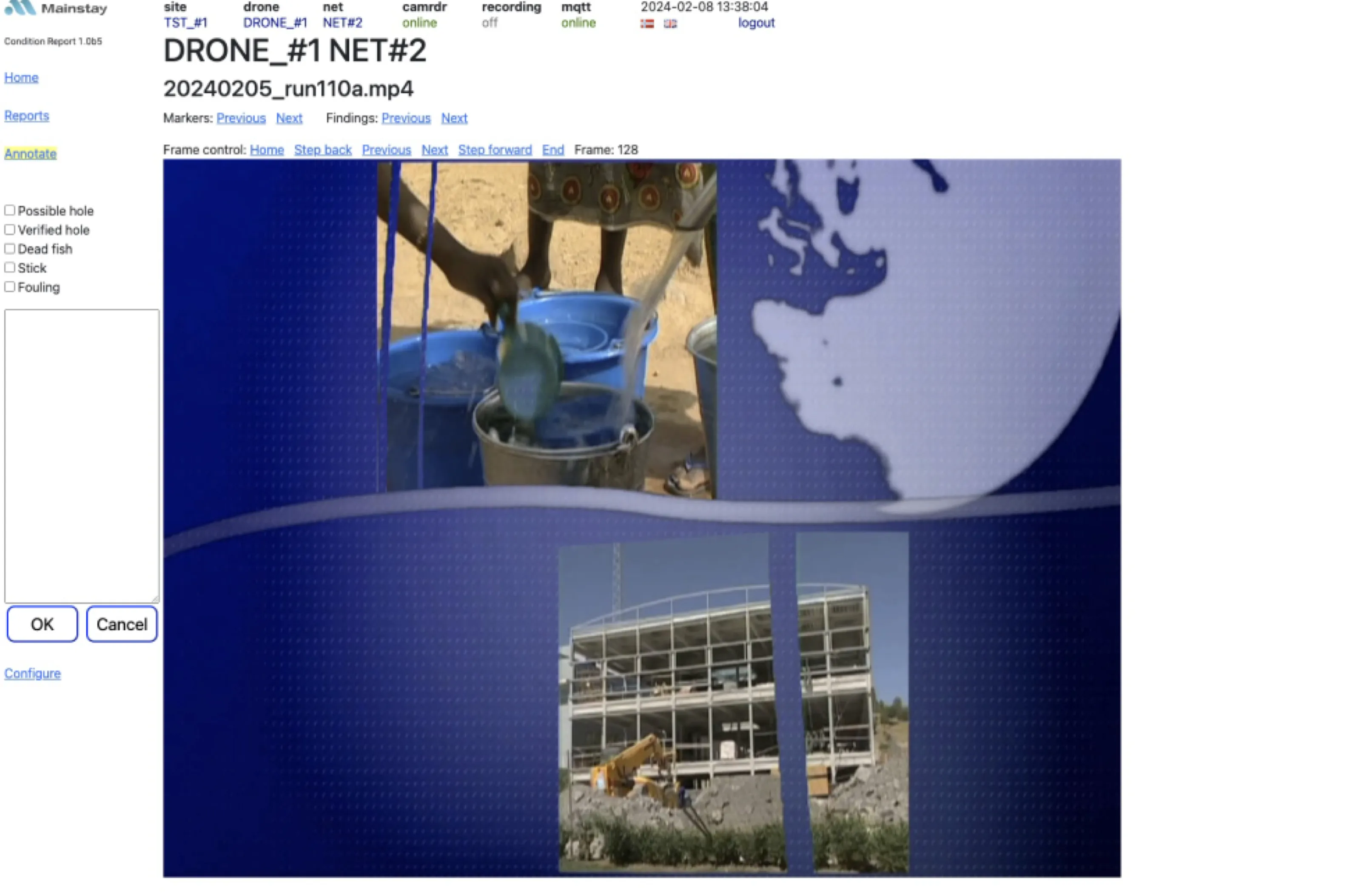 The original Mainstay annotation screen with a video frame and basic checkboxes for findings