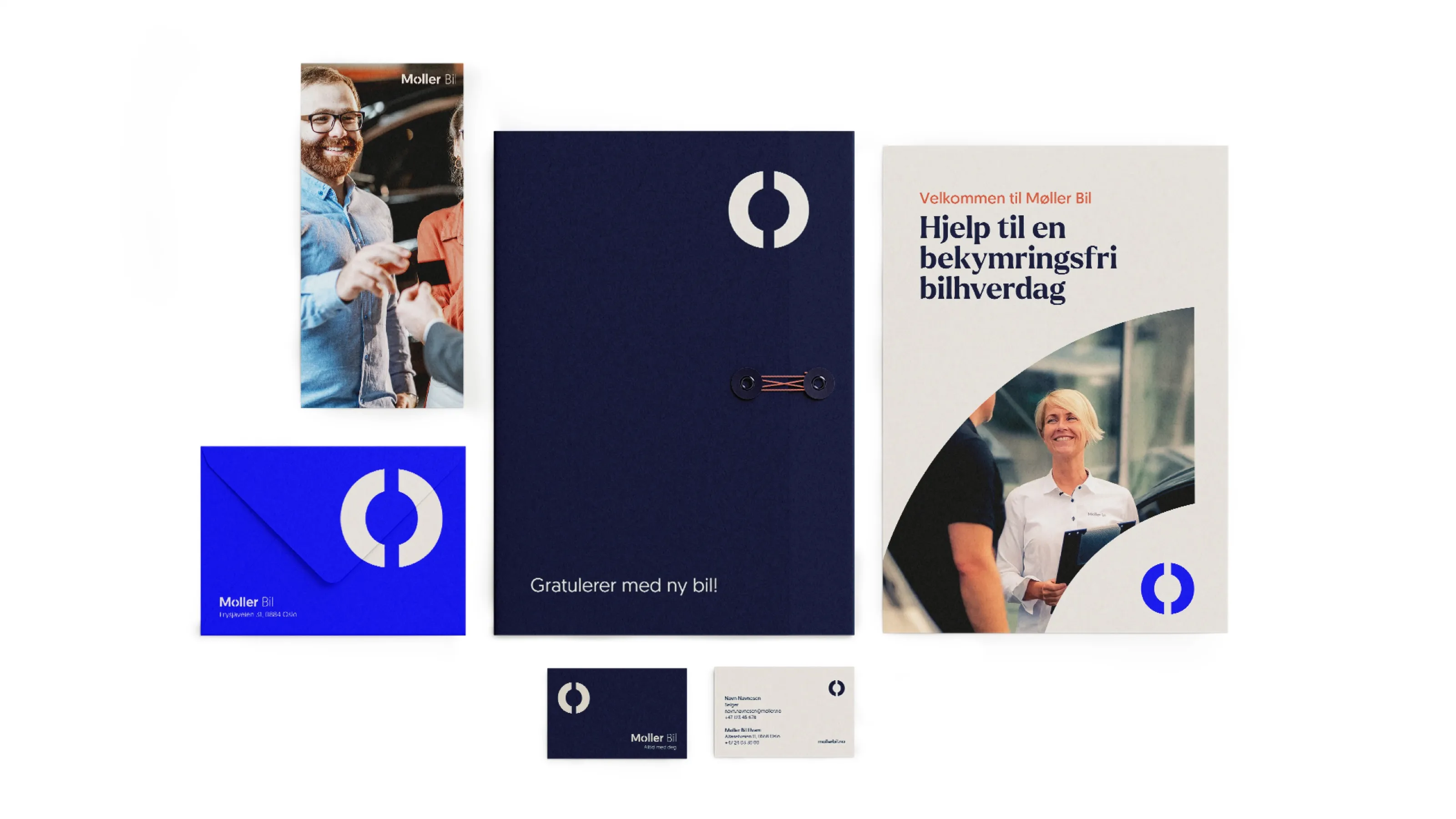 Stationery in the new identity: business cards, envelope and brochure