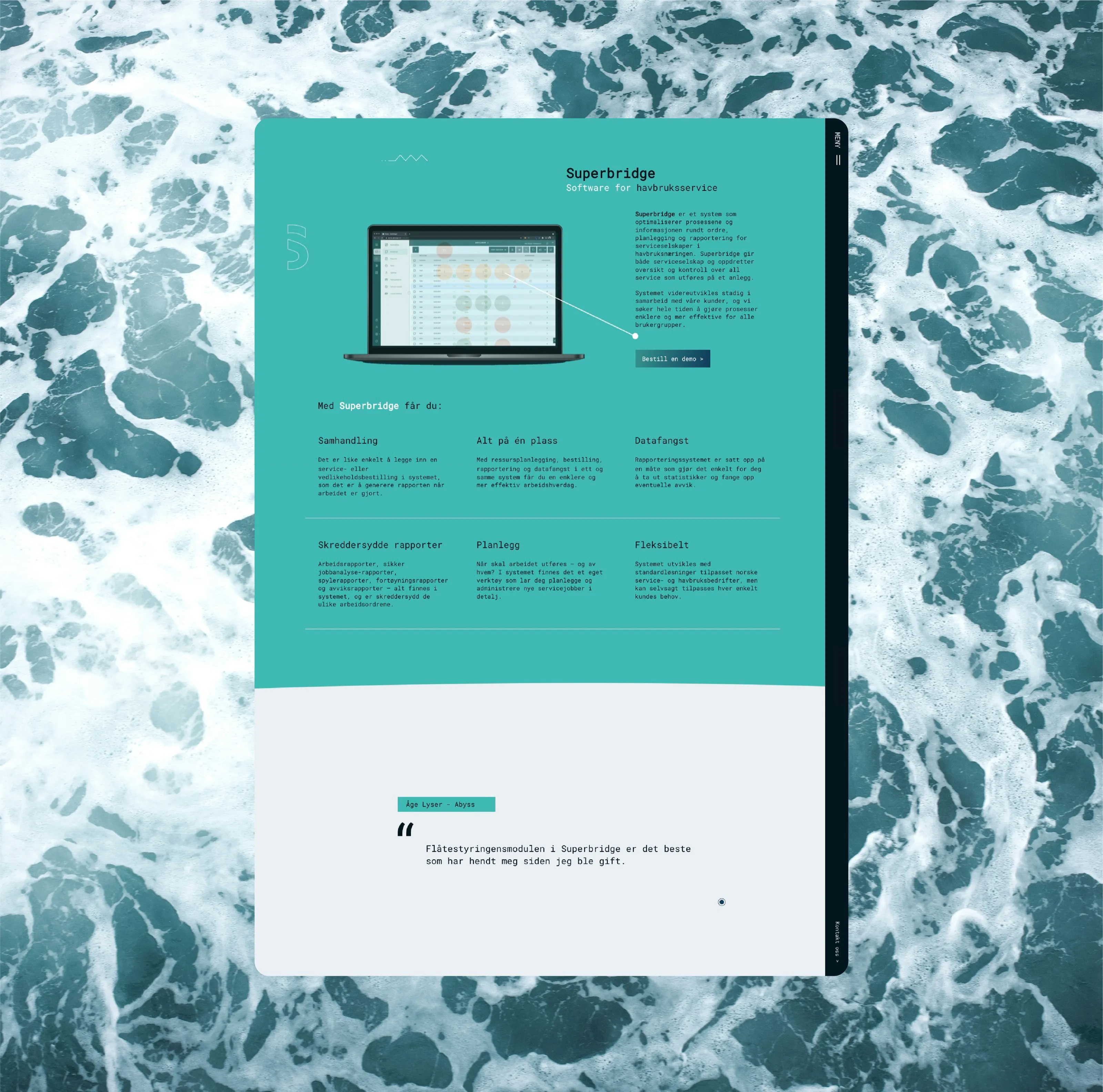 Superbridge product page in teal with feature list and customer quote, over aerial ocean imagery