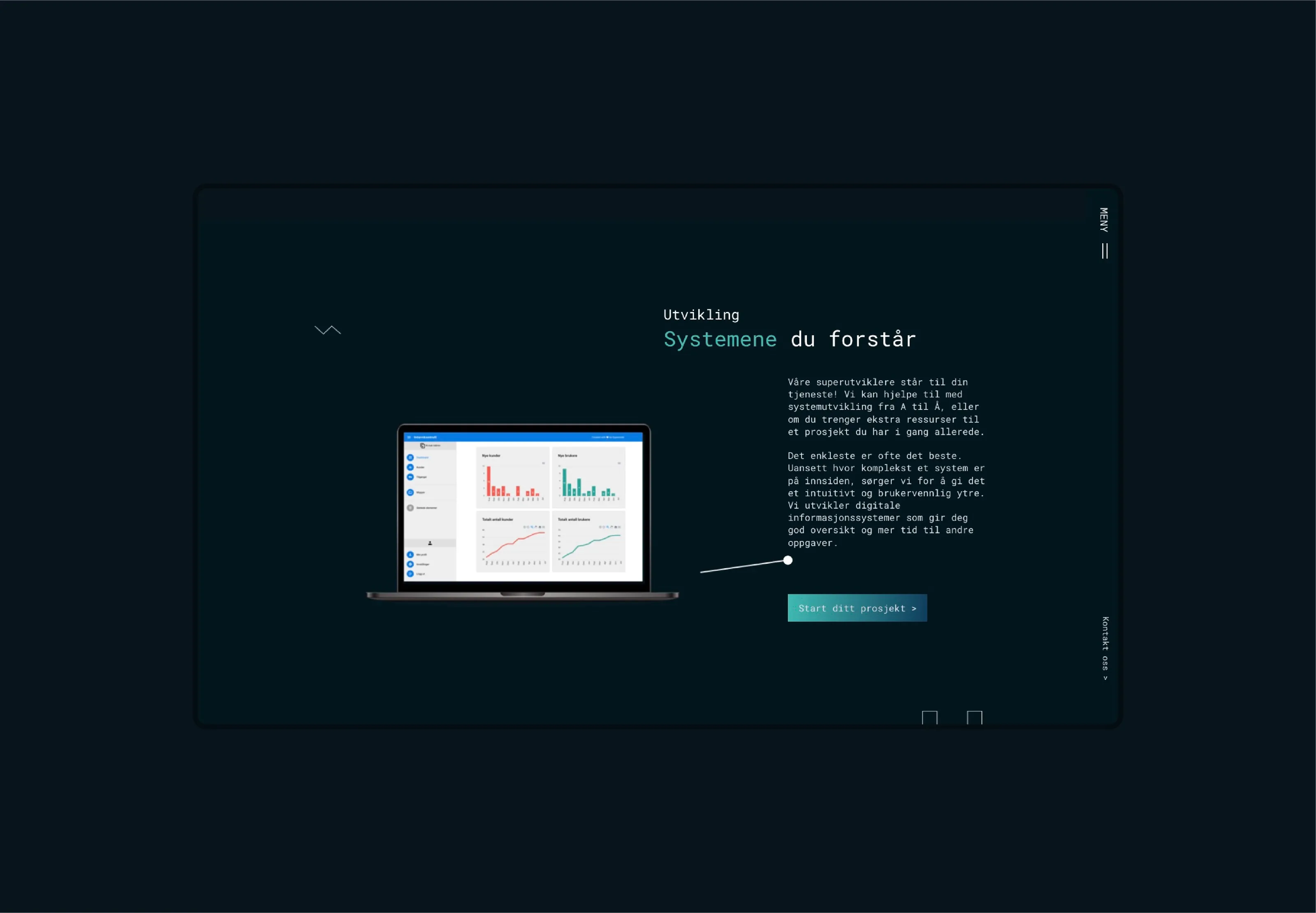 Dark Supernode development page with a laptop showing dashboard charts