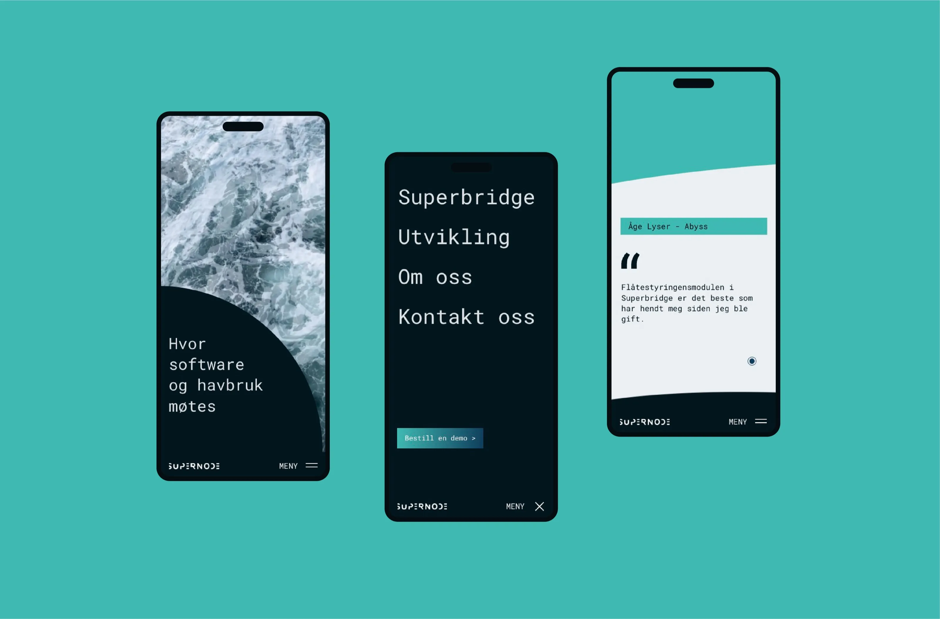 Three phones with the mobile Supernode site: homepage, open menu and customer quote