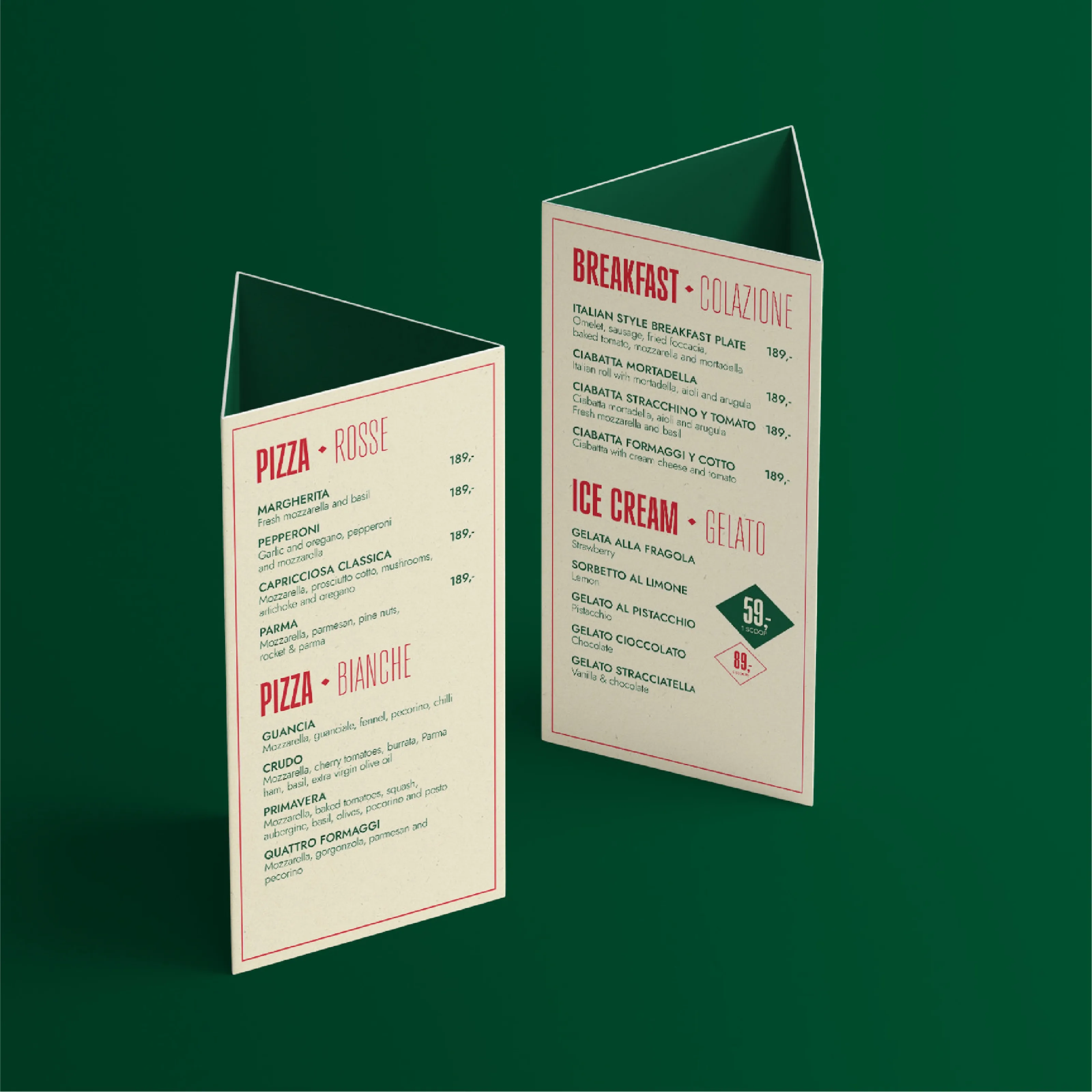 Triangular table menus in cream and green for pizza, breakfast and gelato
