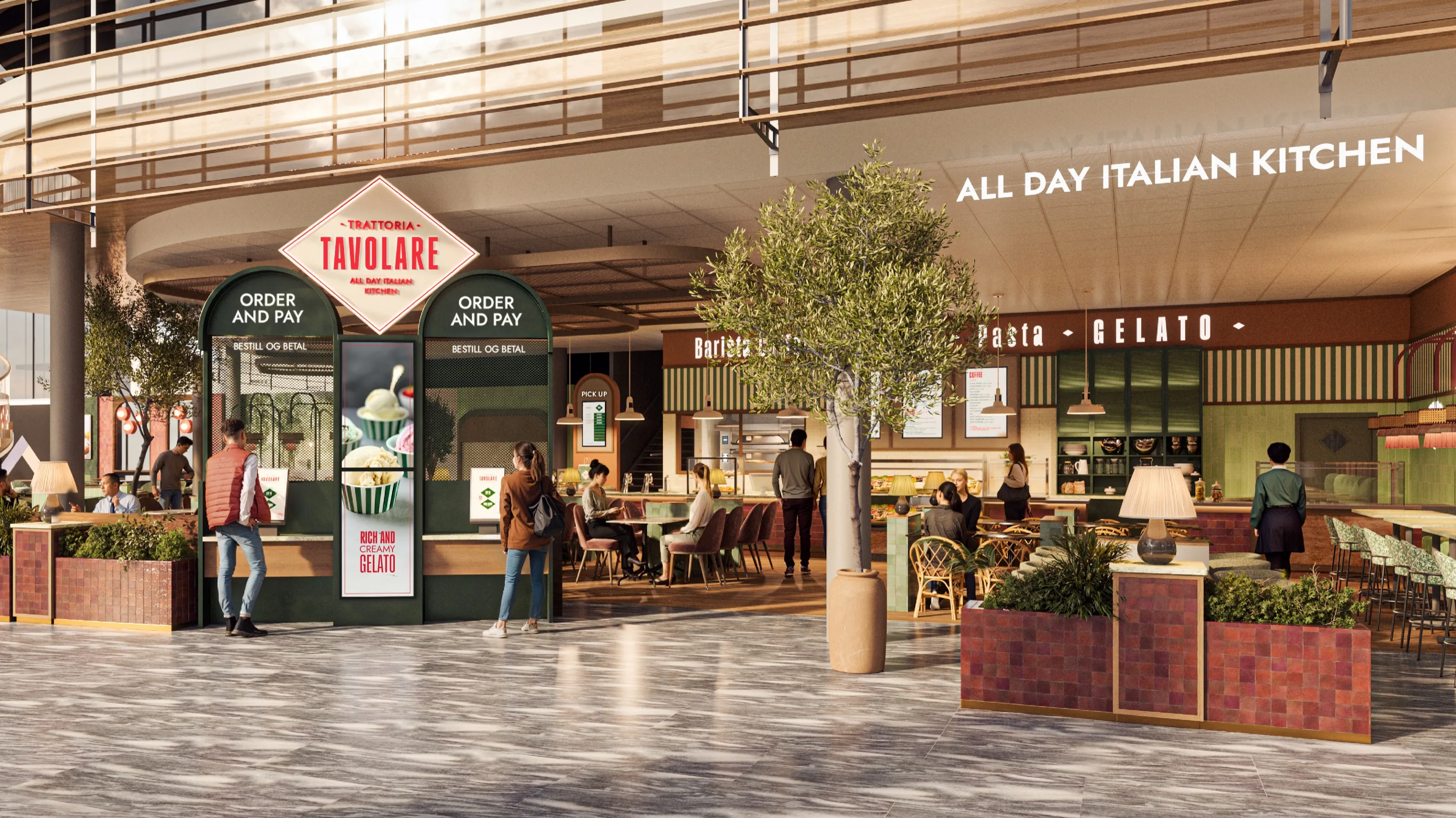 Rendering of the Trattoria Tavolare front with order-and-pay kiosks and an “All day Italian kitchen” sign