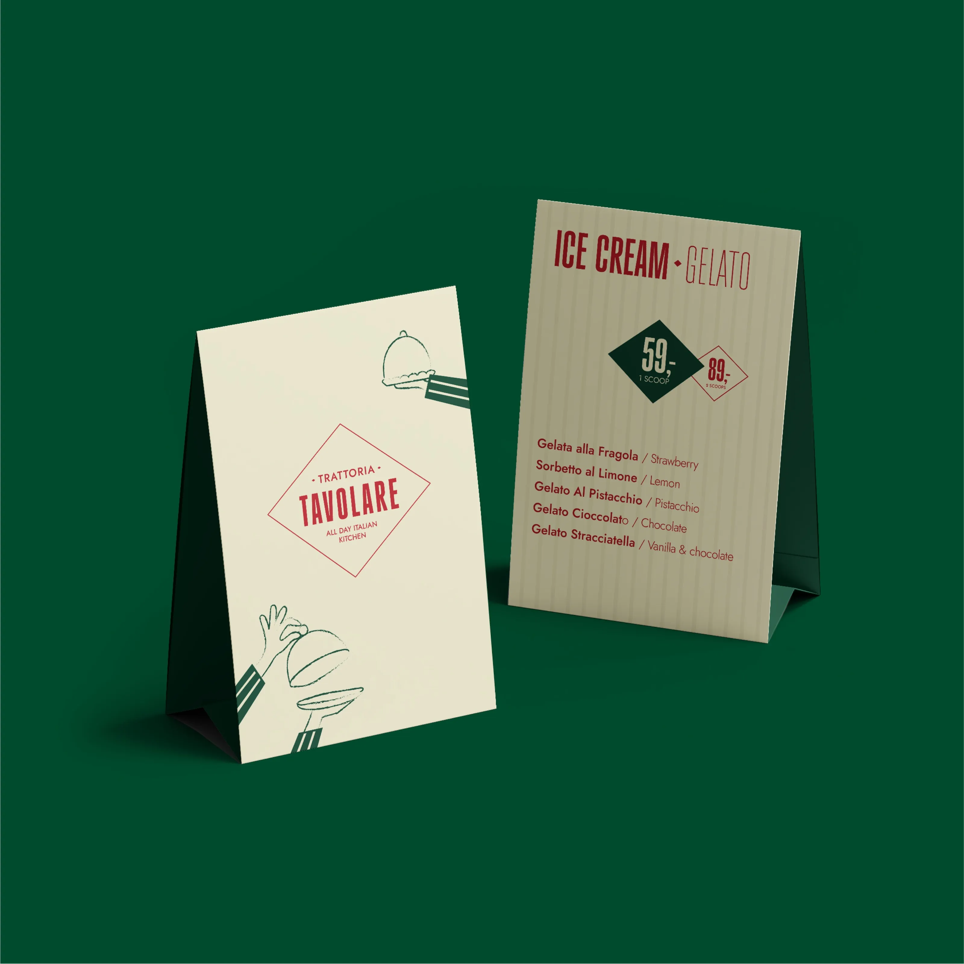Table tents in cream and green: one with the Tavolare logo, one with the gelato menu