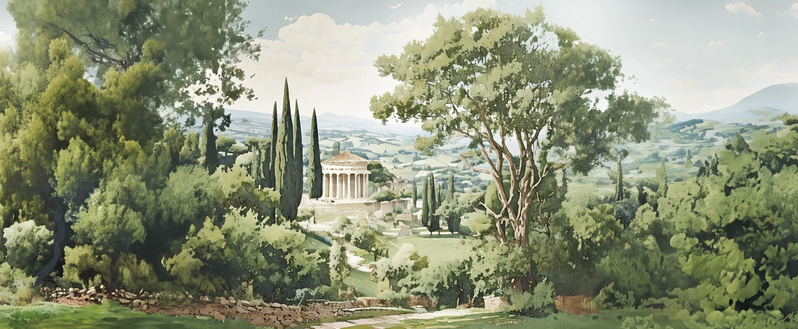 Painted Italian landscape mural with cypress trees and a classical temple