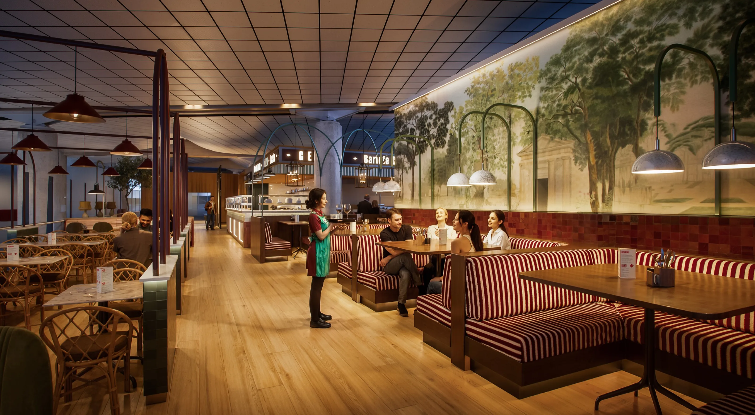 Rendering of the dining room with red-striped booths, arched lamps and the landscape mural